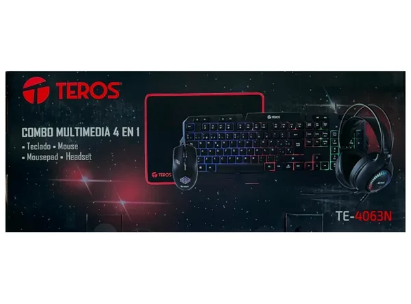 KIT GAMER TEROS TE-4063N 4 EN 1, TECLADO + MOUSE + AURICULAR + MOUSEPAD